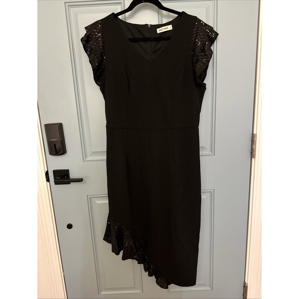 GRACE KARIN Sequin Sparkly Dress Black Formal Cocktail‎ Flutter Sleeves Size L